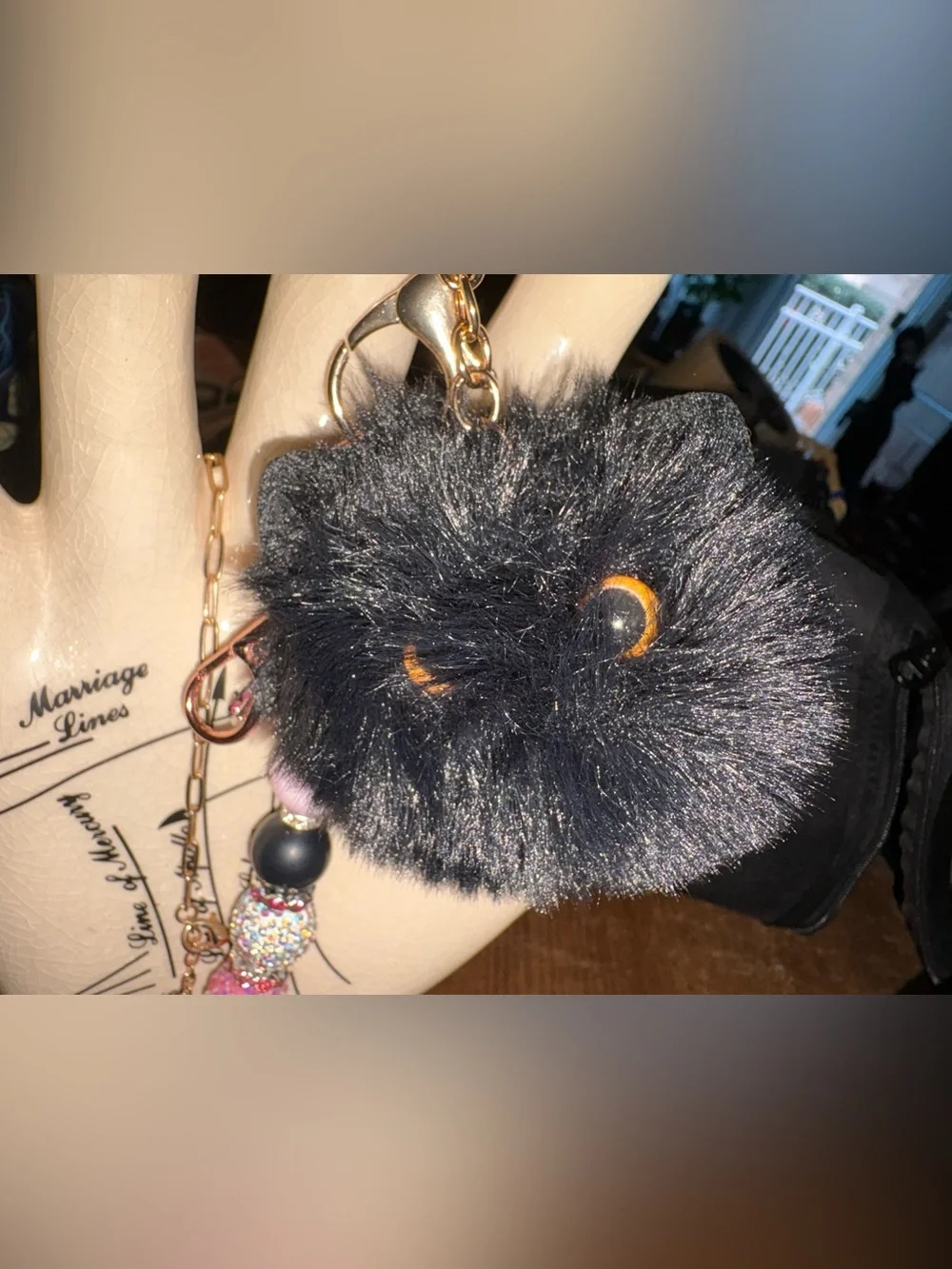Breast cancer bag charm with black cat Pom